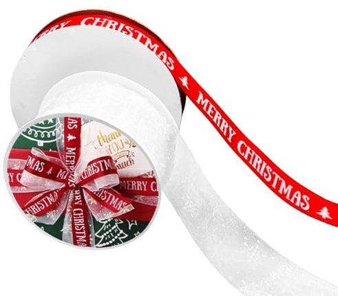 NOCHME Nastri Natalizi, 4cm Bianco Nastro In Organza Fiocco Di Neve E 2cm Rosso Raso Merry Christmas Per Confezioni Regalo, Fiocchi, Albero Di Natale Decorazione Artigianato, 25 Yard/Rotoli