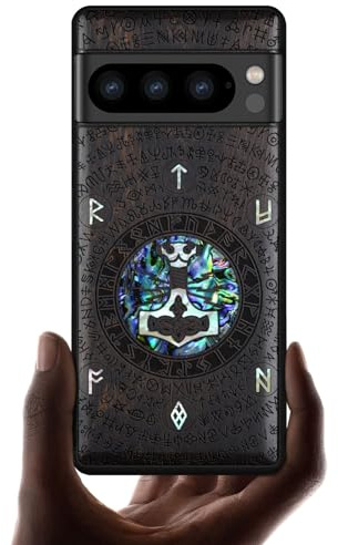 Carveit Handcrafted Case for Pixel 8 Pro (Thors hammer-Blackwood) | Google Pixel 8 Pro Cover, Wood Engraved & Shell Inlaid, TPU Shockproof Bumper, Wireless Charging Compatible