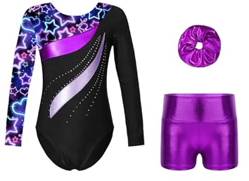 YiZYiF Justaucorps Gymnastique Brillant Ensemble de patinage a Manches longues avec Short et Bandeau Justaucorps de danse pour Enfant Fille Néon étoilé E 7-8 ans