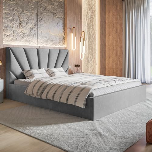 MOTIVENA INES Bett 160x200, Polsterbett 160x200, mit Bettkasten, mit Stauraum, mit Lattenrost, mit Kopfteil, ohne Matratze, Samt, Grau Hellgrau