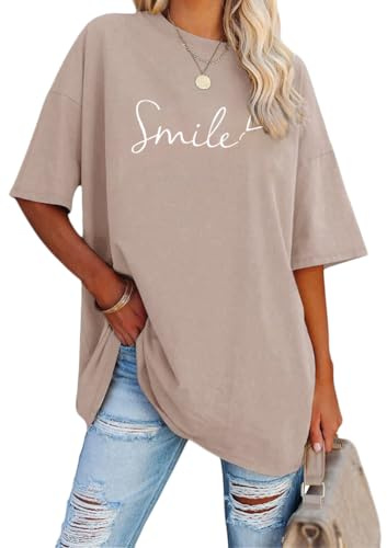 Tomwell Damen Los Angeles Brief T-Shirt Oversize Oberteile E Khaki M