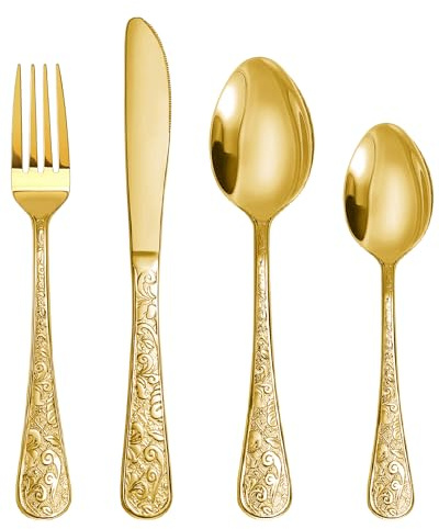 SHEUMNT Ensemble de couverts vintage en or sculpté 24 pièces pour 6 personnes, vaisselle en acier inoxydable avec couteau/fourchette/cuillère, ensemble de couverts pour la maison et la cuisine