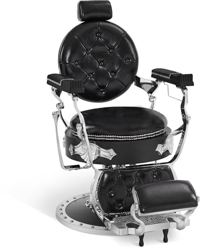 Barberpub Friseurstuhl mit Kopfstütze Kippbar, Barber Stuhl Retro Vintage, 360° Drehbar & Höhenverstellbar, Friseureinrichtung Hydraulisch, Kunstleder, 8688(Silber-Schwarz)