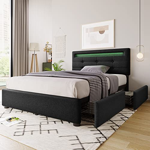 MQLAE Polsterbett LED Bett 90x200, Stauraumbett Einzelbett Bettgestell mit 2 Schubladen&verstellbares Kopfteil&Lattenrost, Jugendbett Funktionsbett Familienbett, Schwarz, Ohne Matratze