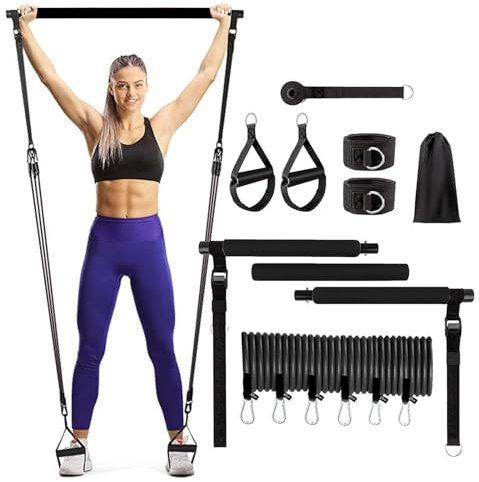 Pilates-Bar-Set – Pilates-Ausrüstungsset, Pilates-Bar-Set für zu Hause | Yoga Fitness Bar Stretching Pilates Bar, 180 Pfund verstärkt mit Widerstandsbändern, Pilates Krafttraining für Gym Home Workou
