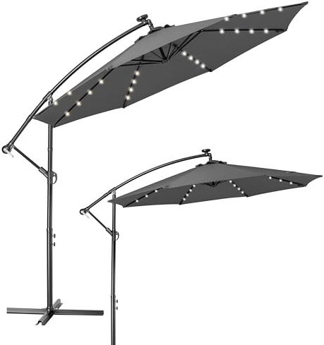 BAKAJI Ombrellone da Giardino Terrazzo con Luce e Pannello Solare Dimensioni 3x3 Mt Richiudibile Palo Laterale Struttura Acciaio Altezza 250 cm Antivento, Base a croce Tessuto Anti UV (Grigio 32 LED)