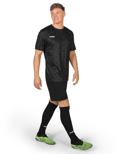 FORZA Målvaktskit för män [XS-XXL] | Komplett fotbollsset med kortärmad fotbollströja, shorts och knähöga strumpor, Svart, XL