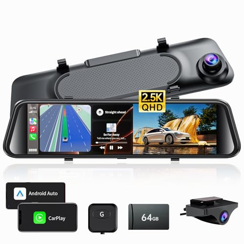 2.5K Mirror Dash Cam with CarPlay Mirror & Android Auto, Dash Cam Front and Rear with Zoom Function,12 inches Rear View Mirror Camera with Voice Control/BT Call/64GB Card Included-JOMISE K17 Pro