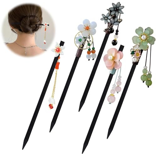 FloralGrace 5 Stück Holz Haarstäbchen Vintage Haarstab Chinesische Haarnadel Stäbchen Haar Stick Haarnadeln Mit Blumen Für Frauen Mädchen Feste Frisur Haar Zubehör