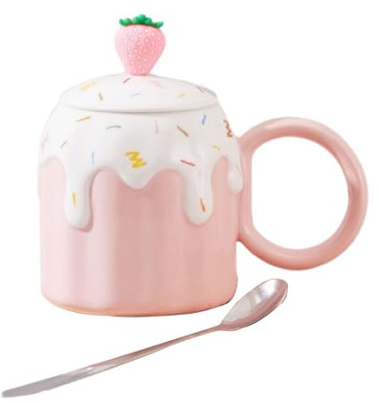 CAPIJIONG 470 ml Creative Tasse à lait en céramique avec couvercle Cuillère pour le maquillage de couple Yogourt Fraise Rose Fraise