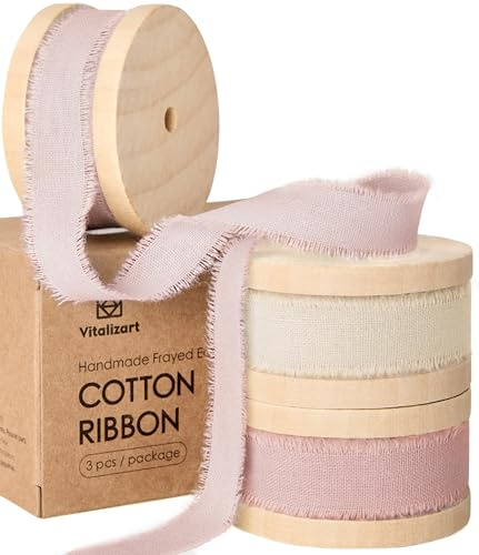 Vitalizart Baumwollband 1,6 cm x 19,2 m Rosa & Creme Naturstoffband | Handgefertigte Fransen Geschenkband für Hochzeit Einladungen Geschenkverpackung Dekoration Bouquet Basteln 3 Rollen x 6,4 m