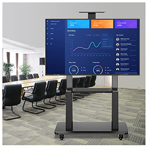 Chariot TV roulant pour téléviseurs LCD LED 50 55 60 65 70 75 pouces, support TV mobile commercial sur pied avec étagères et rangement, salons professionnels dans les salles de réunion d'entreprise