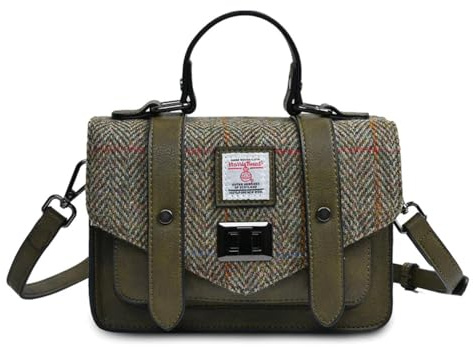 Islander Harris Tweed Mini Satchel, Handtasche für Damen, Klappe und Mikrofaser-Leder, Kastanien-Fischgrätenmuster