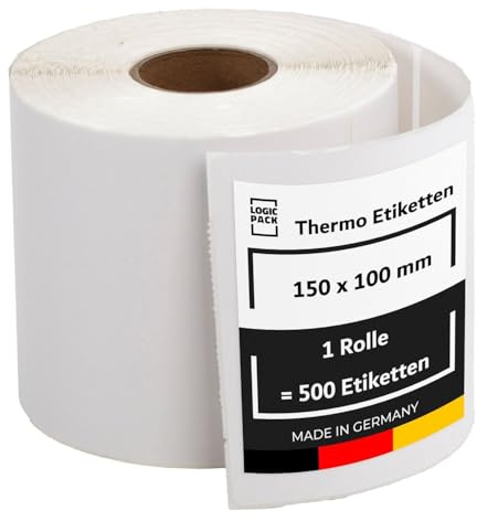 LOGIC PACK Versandetiketten 100x150 mm, 500 Stück, 1 Rolle, Thermodirekt | KOMPATIBILITÄT, Zebra, Munbyn, Phomemo, Brother, 40 mm Rollenkern, Thermodirektdruck, Adressaufkleber, DHL, UPS, DPD