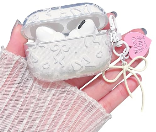 MINSCOSE für AirPods Pro Hülle,Niedliche Bogen Hübsches Ästhetisches Design mit Bogen Liebe Herz Schlüsselanhänger,Weiche TPU schützende Stoßfeste Hülle für AirPods Pro-Weiß