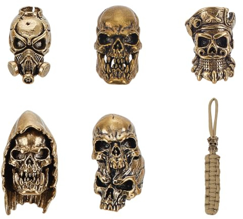 UNICRAFTALE 5Pcs 5 Styles Paracord Beads Knife Lanyard Beads Skull Head Bead Antique Gold Skeleton Beading Halloween Large Hole Spacer Bead for Necklace Bracelet Jewelry Making Hole 4-5.5mm