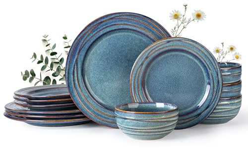 GBhome Stoneware Dinner Set for 4People, 12 Pieces Handcrafted Plates and Bowls Set, Reactive Glaze Dinner Sets for 4 PeopleDinnerware Set, Dishwasher & Microwave Safe Crockery Set