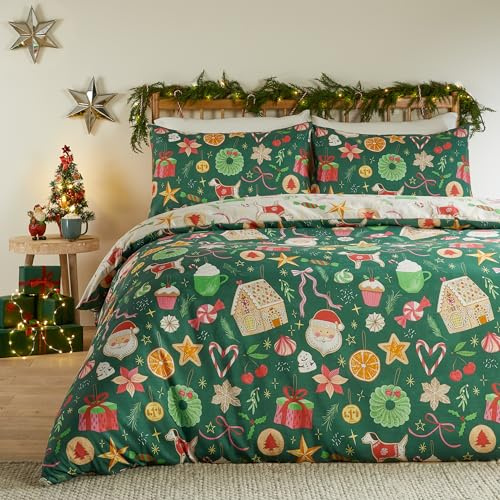 furn. Duvet Day Festive Treats Set Copripiumino (Smeraldo - Singolo) | Morbida Al Tatto Reversibile Festiva Stagionale Vacanza Natalizia Biscotto Biancheria Da Letto Facile Da Curare