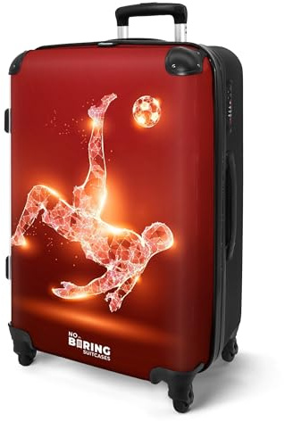 NoBoringSuitcases© Koffer Kinder Groß Reisekoffer Kinderkoffer 4 Rollen | 67x43x25 cm - Leicht Kindertrolley Mittelgroß Reise Hartschalenkoffer Fußball - Rot - Omhaal - Neon