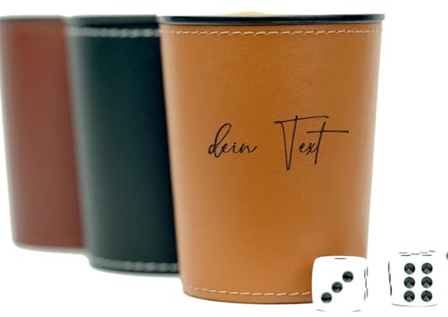 Personalisierter Würfelbecher mit Gravur & 5 Würfeln – Knobelbecher aus Kunstleder Vegan in Schwarz oder Braun – Geschenkidee mit Namen – Individuell bedruckbar – Für Spieleabende & Knobelfans