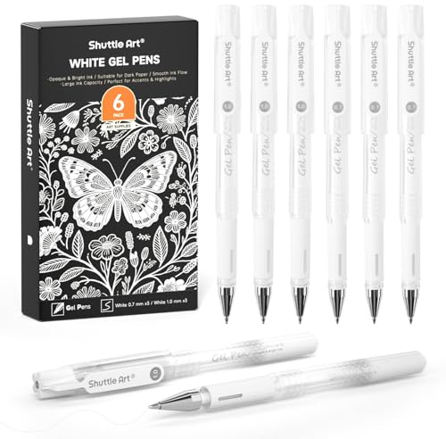Shuttle Art Weiße Gelstifte Set, 6 Stück Gelstifte Weiß, 0,7mm & 1,0mm Weißer Gelstift für Highlights, Weißer Stift für Schwarzes Papier, White Gel Pen zum Hervorheben, Bullet Journaling, Scrapbooking