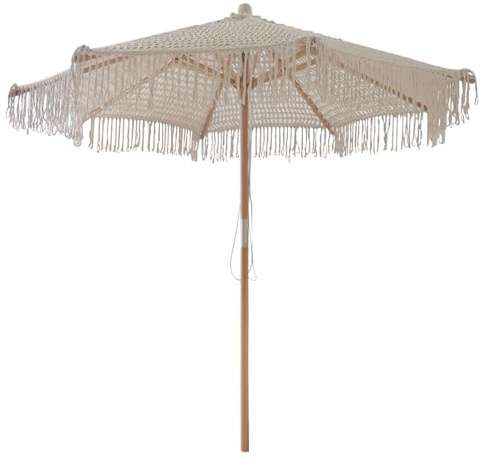 Parasol de plage fait à la main à franges en macramé de 250 cm avec système de poulie de 48 mm de diamètre et poteau en bois - Décoration de jardin élégante - Parfait pour l'extérieur