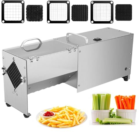 XEEAOFE Picadora de Papas Fritas Eléctrica, Rebanadora de Patatas con Cuchillas de Acero Inoxidable de 1/2, 1/3 y 3/8 de Pulgada, Cortadora de Patatas Picadora con Tapa Visible