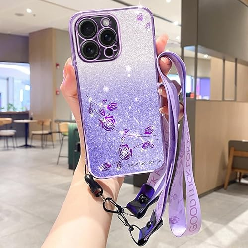 HAONANDE Funda para Motorola Moto G22 con Correa Bandolera, Funda Colgante Brillante con Flores, Carcasa Fina TPU Suave Antigolpes para Mujer Compatible con Carga Inalámbrica Morado