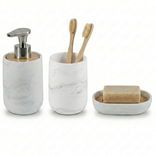 Kook Time Set Salle de Bain 3 Pièces - Distributeur Savon, Porte-Brosse à Dents et Porte-Savon - Résine Finition Marbre et Bambou - Ensemble Accessoire Salle de Bain - Élégant et Pratique