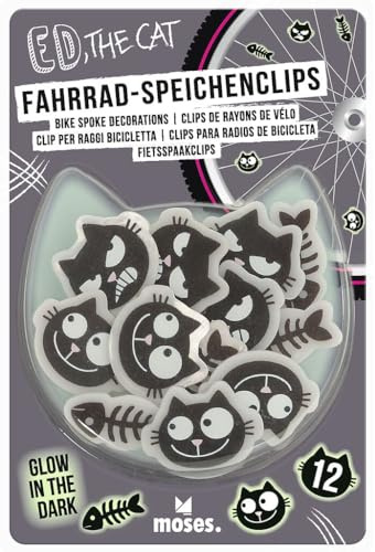 moses. Ed, the Cat Fahrrad-Speichenclips Glow in the Dark – 12 leuchtende Speichenclips im Katzen-Design, lustige Fahrrad-Deko, einfach anzubringen, schwarz