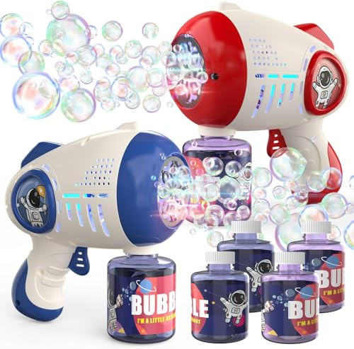 EagleStone 2 Pistolets à Bulles, Machine à Bulles Automatique 8 Trous LED | avec 4 Flacons de Solution à Bulles, Jouet de Plein Air pour l’Été et les Fêtes, Cadeau de Pâques, Enfants de 3 à 8 Ans