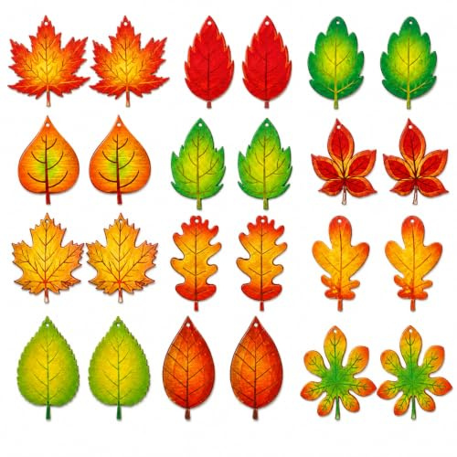 24er Set Blätter Herbst Deko, Bunte herbstdeko fenster für Familien | 24 Holzanhänger in 12 Motiven. Detailreiche herbstdeko zum aufhängen aus Holz, ideal als langlebige fensterdeko herbst.