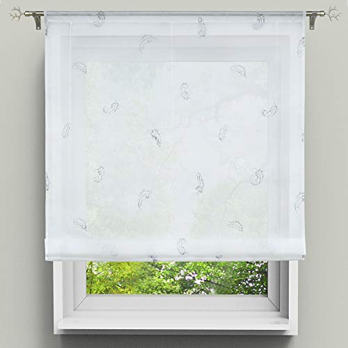 HongYa Raffrollo Besticktes Bändchenrollo Transparenter Voile Gardine mit Feder Muster Tunnelzug H/B 120/60 cm