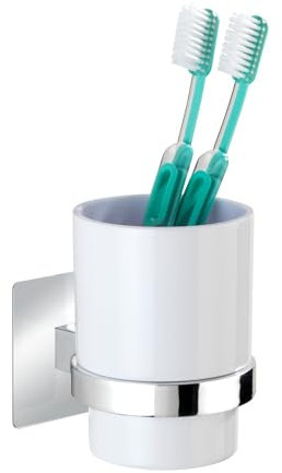 WENKO Turbo-Loc Zahnputzbecher Quadro, Wandhalter ohne Bohren, Becher aus Kunststoff in Weiß, herausnehmbar, 7 x 10 x 9,5 cm, Spezialklebepad