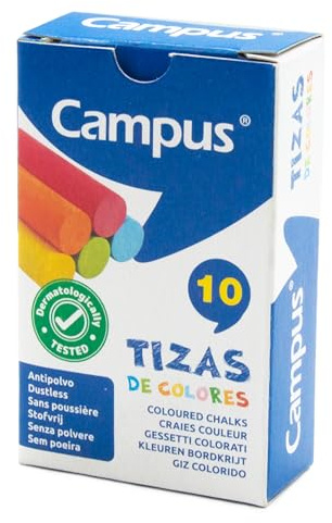 Campus – 10 Tizas de Colores para Pizarra, Formula sin Polvo y Fácil de Limpiar, de Escritura Suave, Perfectos para Uso Escolar, Caja de 10 Tizas para Pizarra
