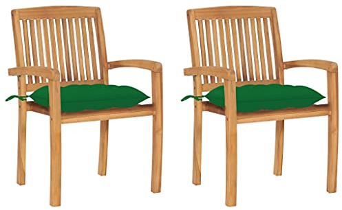 vidaXL 2X Teak Massiv Gartenstuhl mit Grünen Kissen Stapelbar Stapelstuhl Holzstuhl Gartensessel Stapelsessel Gartenmöbel Stuhl Terrassenstuhl