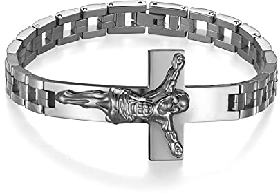JewelryWe Herren Kreuz Armband Armreif, Edelstahl Jesus Christus Kreuz Kruzifix Biker Link Handgelenk Armspange Geschenk Silber Gold Schwarz