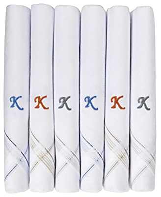Caruso Italy Men's Initial Monogram K Embroidery 100% Pure Cotton Handkerchief White Base With Colored Border - Pack Of 6