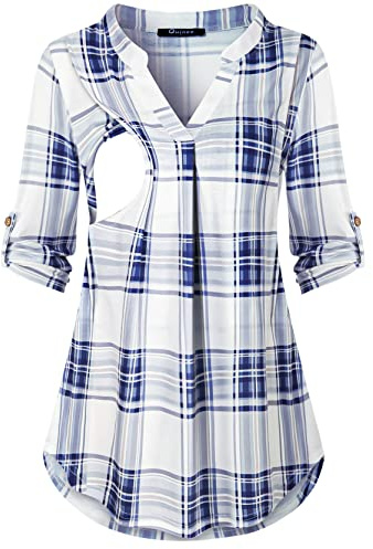 Quinee Nursing Tops for Women Breastfeeding, Classy Nortch Neck Rolled Sleeve Nursing Shirts Mama Shirts Summer Flowing Curved Hem Maternity Shirts Latched Mama Blue White S