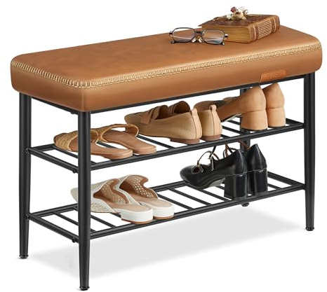 VASAGLE EKHO Collection - Shoe Bench, Storage Bench, Shoe Rack Bench Entryway, Synthetic Leather with Stitching, Mid-Century Modern, Loads 135 kg, 30 x 80 x 50 cm, Caramel Brown LSB054K02