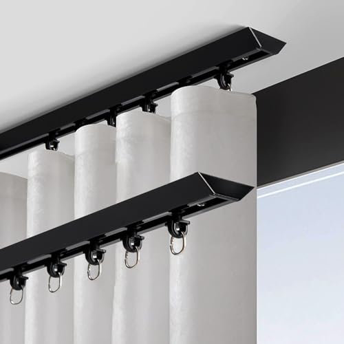 Vorhangschiene Schwarz, Gardinenschiene, Vorhangschiene 1 Läufig, Flexibles Und Langlebiges Design, Mit Stummen Rollen, Für Vorhänge Fenster Balkon Büros Hotels Kliniken(Color:Black,Size:2.0M/(6.6FT))