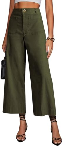 miduo Womens Fall Casual Capris Button High Rised Cropped Wide Leg Trousers Straight Leg Pants with Pockets Green 28