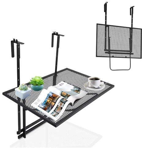 KOMFOTTEU Balkonhängetisch zum Einhängen, klappbarer Servicetisch, Balkontisch 60,5 cm x 48 cm (L x B), bis 20/23 kg belastbar, Hängetisch aus Eisen, Schwarz (Höhenverstellbar)
