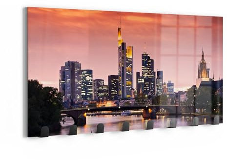 DEQORI Wandgarderobe Glas & Metall | Motiv Frankfurt im Abendglanz | 60x30 cm | Design Haken-Leiste modern | Garderoben-Paneel für Flur, Wohnzimmer & Schlafzimmer | magnetisch & beschreibbar