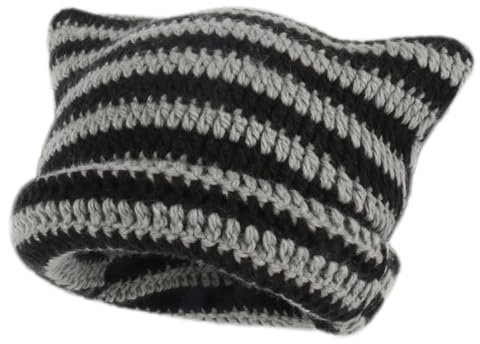 Katze Beanie Häkelmützen Wintermützen Mit Katzenohren Gestreifte Häkeln Wintermütze Kopfbedeckung Strickmütze Elastische Mütze Slouchy Beanies Y2k Gothic Accessoires Slouchy Winter