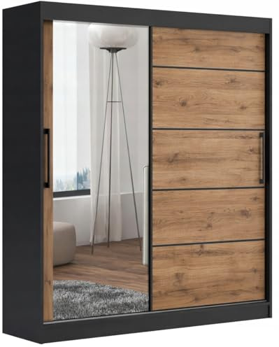 Brent - Kleiderschrank mit Spiegel und Schubladen 160cm Breit Chelsea Tomy, Schwebetürenschrank mit Spiegel, Schlafzimmerschrank, Kleiderschrank Schwarz/Wotan Eiche