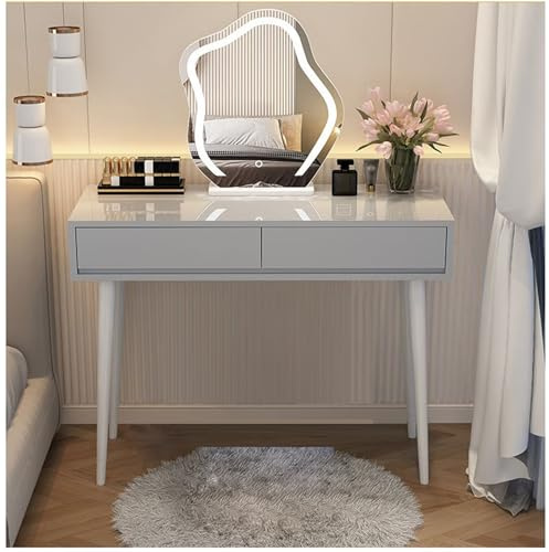 Kompakt grå sminkbord för flickor med LED-ljus, 2 lådor, molnspegel och förvaringshylla - idealiskt sminkbord för sovrum och små utrymmen, 100 x 40 x 76 cm