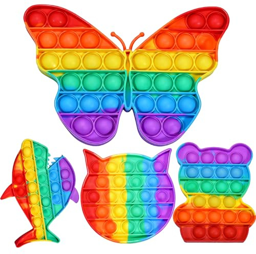 4 Pack Rainbow Pop Fidget Toys,Push Pop Sensory Toy Set,Stress Relief for Kids & Adults,Pop Bulk & Party Favors Toddler Toys for Birthday Christmas Easter Birthday Gifts,Classroom Prize (Animal)