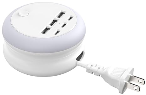 6-Port USB Charger with 8-Color Night Light, Retractable USB Extension Lead, Multi-Device Charging Hub with Safety Switch, Compact Power Strip for Home Office Bedroom Travel