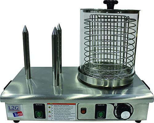 L2G -Chauffe-Saucisse Électrique - Machine à Hot Dog en Inox - Bocal Avec Grille Intérieure Inox Ø20 cm - 3 Plots Chauffants pour Pain à Hot Dog - Thermostat 0/110°C - l.29 x L.53 x H.40 cm